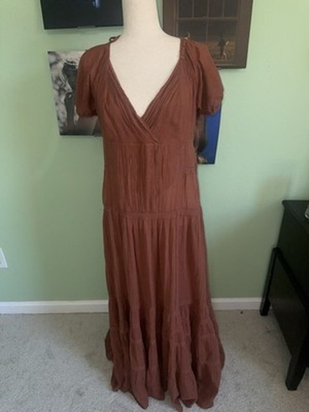 Free People Brown Aura Maxi Dress Tiered Cottagecore Boho Size Large